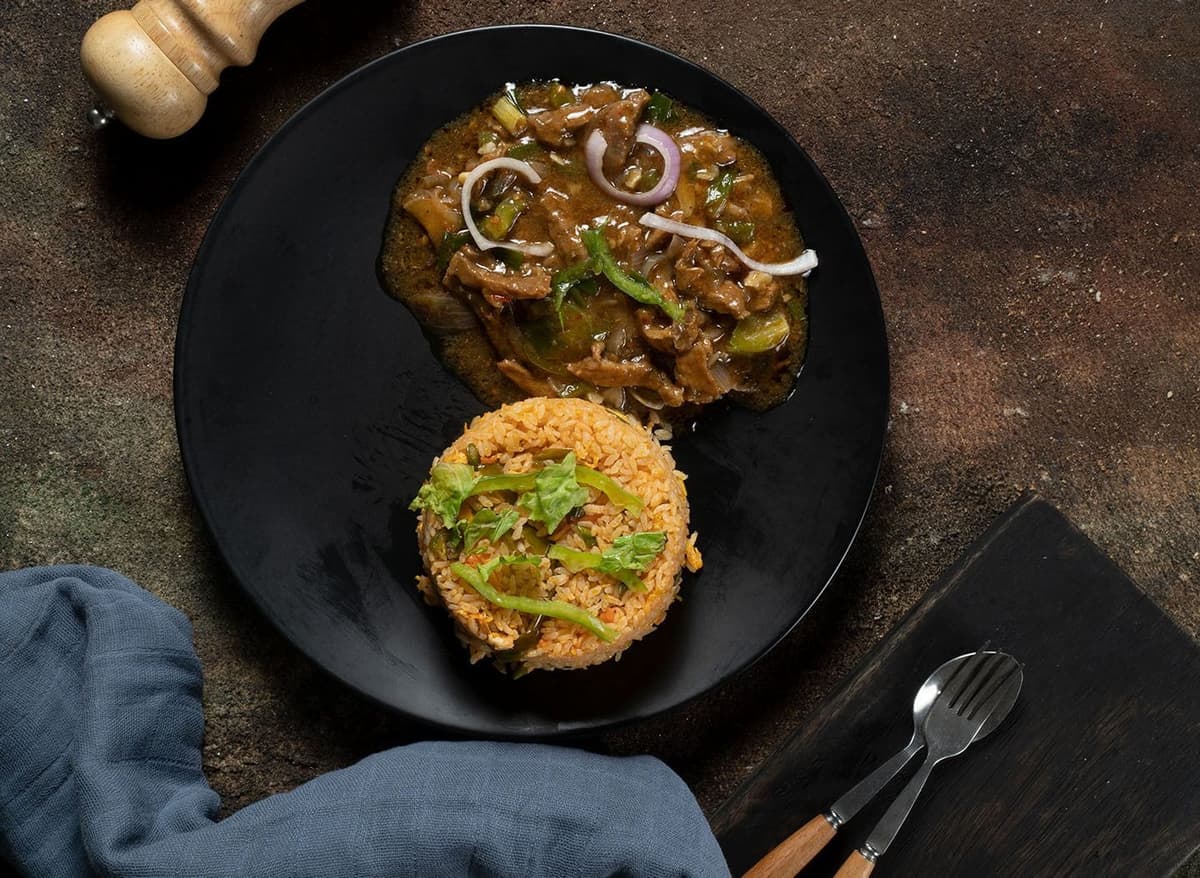 The bowl is loaded with mouthwatering beef chilli onions.