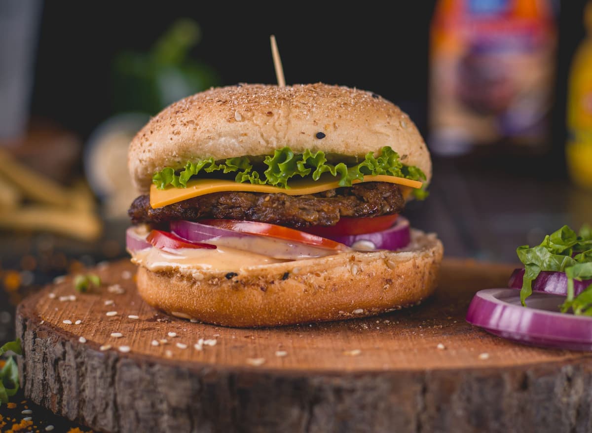 Beef and Cheddar cheese with onion, tomato, lettuce etc.